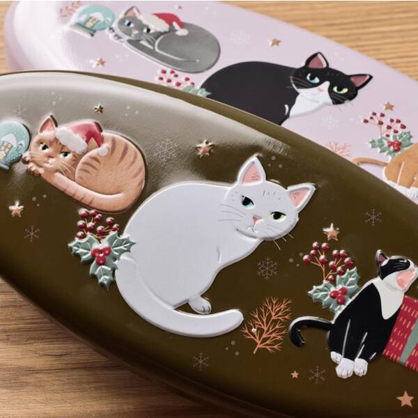 【預訂】【聖誕節限定】聖誕貓橢圓形鐵盒 - 茶色