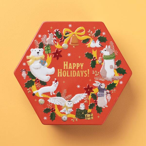 【現貨】【聖誕節限定】KALDI - 聖誕六角形動物花圈鐵盒 (杏仁焦糖批)